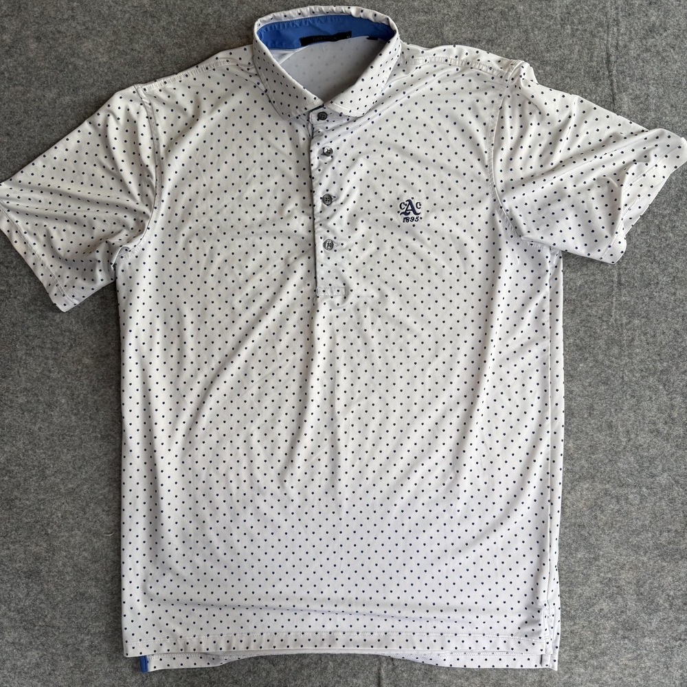 Greyson Polo Shirt Mens Medium White Wolf Dots Golf Augusta CC 1895 Logo Georgia